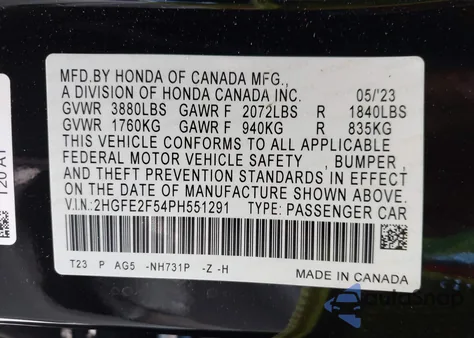 2023 Honda Civic Sport from USA, damaged, VIN 2HGFE2F54PH551291